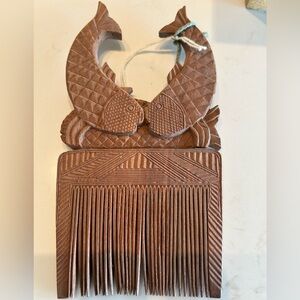 Vintage Carved Wooden Hair Comb with Fish Design , India